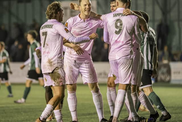 Chorley celebrate Mike Calveley's goal against Blyth Spartans (photo: David Airey/@dia_images)