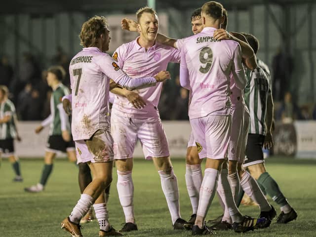 Chorley celebrate Mike Calveley's goal against Blyth Spartans (photo: David Airey/@dia_images)