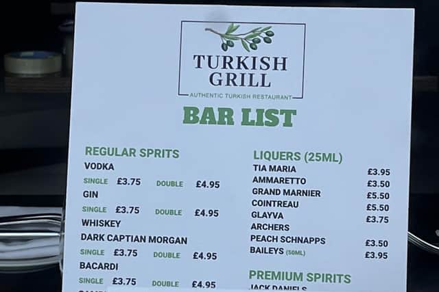 The bar menu