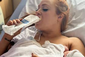 Holding her two bundles of joy - Lottie Adele, 36, from Preston, has received viral fame after putting a picture of herself on Twitter after giving birth eating a Greggs sausage roll