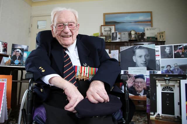 Ernest Horsfall, a World War Two Lancashire veteran, photographed surrounded in some of his birthday cards at his friends home in Blackburn ahead of his 105th on April 21.