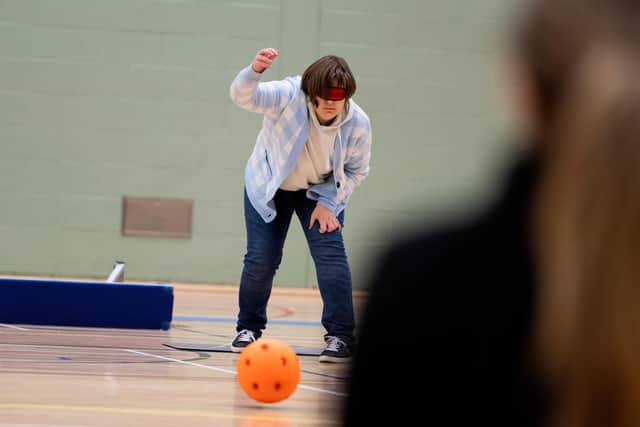A UCLan student taking part in goalball.