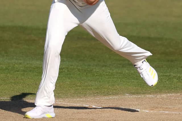 CANTERBURY, ENGLAND - APRIL 23: Tom Bailey of Lancashire bowls during Day Two of the LV= Insurance County Championship match between Kent and Lancashire at The Spitfire Ground on April 23, 2021 in Canterbury, England. (Photo by James Chance/Getty Images)