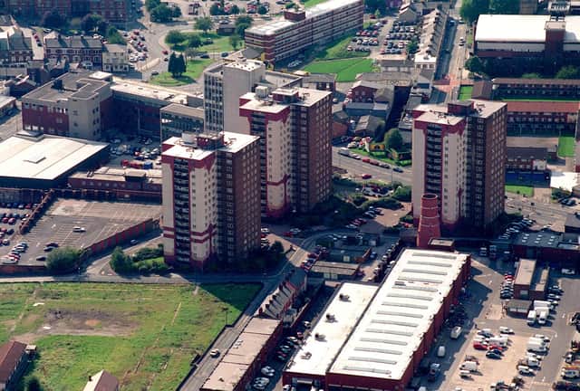 An aerial picture of the flats on Moor Lane, Preston, which dominated the skyline from 1962 until 2001