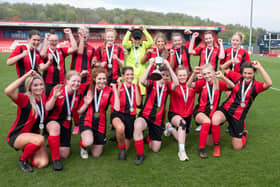 Runshaw College celebrate after beating Brighton, Hove and Sussex Sixth Form to lift the ECFA Women’s Knockout Cup (photos: courtesy of Runshaw College)