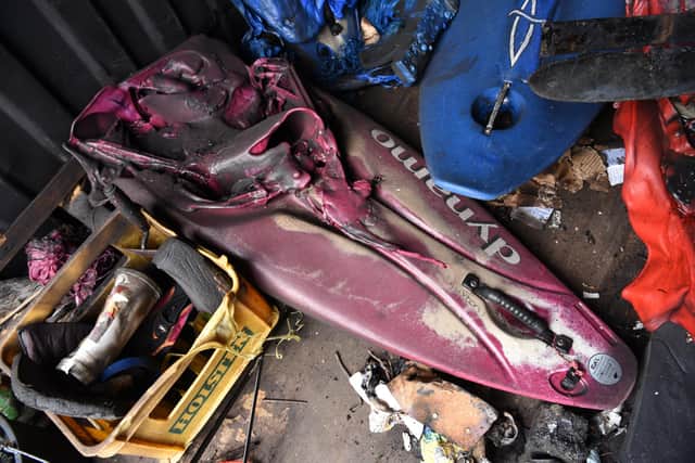 Photo Neil Cross; The remains of kayaks and canoes at Euxton Canoe Club following an arson attack