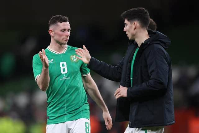 Alan Browne and Callum O'Dowda shake hands after the match between Republic of Ireland and Latvia