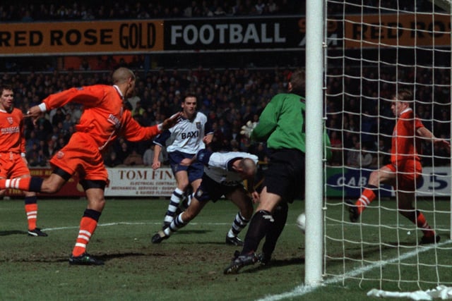 Gary Bennett heads his second and PNE third's goal against Blackpool at Deepdale in December 1996