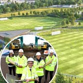 James Eager, Tom Bailey, County Councillor Aidy Riggott, Phoebe Graham and Lancashire County Cricket Club's Mark Chilton as building work began on the club's new ground in Farington (main image: BDP via Lancashire County Council's planning portal;  inset: Lancashire County Council)