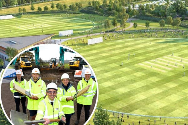 James Eager, Tom Bailey, County Councillor Aidy Riggott, Phoebe Graham and Lancashire County Cricket Club's Mark Chilton as building work began on the club's new ground in Farington (main image: BDP via Lancashire County Council's planning portal;  inset: Lancashire County Council)