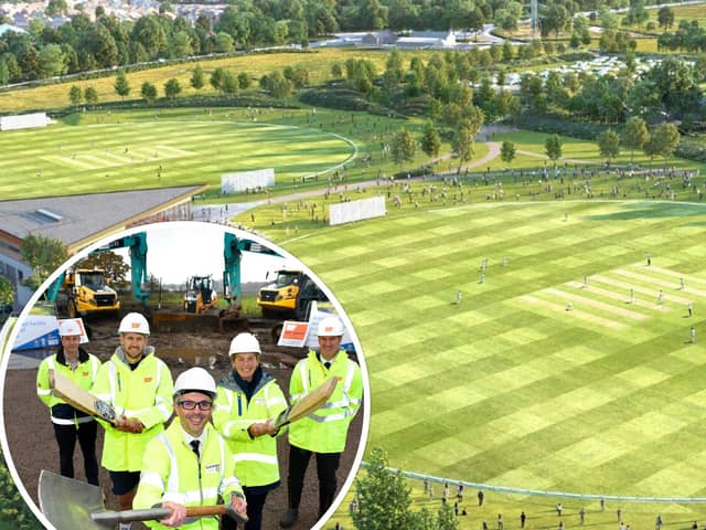 James Eager, Tom Bailey, County Councillor Aidy Riggott, Phoebe Graham and Lancashire County Cricket Club's Mark Chilton as building work began on the club's new ground in Farington (main image: BDP via Lancashire County Council's planning portal;  inset: Lancashire County Council)