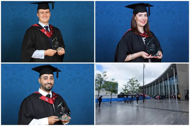 UCLan alumni (clockwise) Jack Bishop, Sarah Gardner BEM and Sultan al Maskri received the universitie's first inaugural awards.