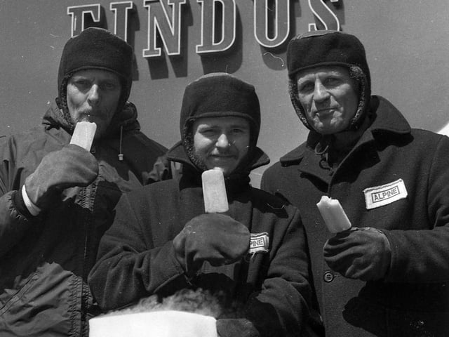 They look dressed for winter but these guys worked in cold conditions at Lyons Maid to keep the ice-lollies flowing in Blackpool on 28 June 1976