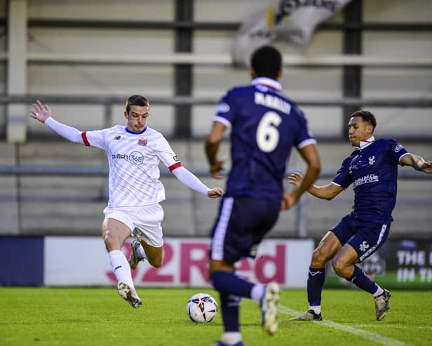 Charley Jolley pulls the trigger to score Fylde's first goal of the game (photo: Steve Mcllelan/AFC Fylde)