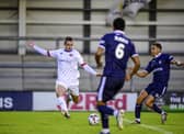 Charley Jolley pulls the trigger to score Fylde's first goal of the game (photo: Steve Mcllelan/AFC Fylde)
