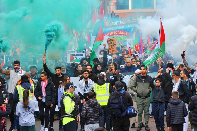 Smoke canisters were used to form the colours of the Palestinian flag on Fishergate