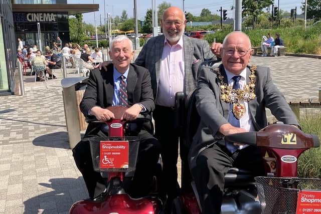 Sir Lindsay Hoyle, Councillor Danny Gee and Mayor of Chorley Tommy Gray at Chorley’s Shopmobility Centre