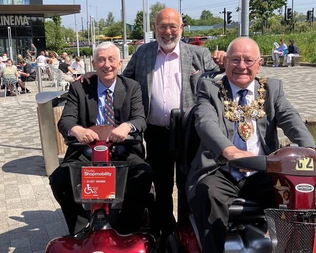 Sir Lindsay Hoyle, Councillor Danny Gee and Mayor of Chorley Tommy Gray at Chorley’s Shopmobility Centre