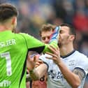Preston North End's Milutin Osmajic clashes with Leeds United's Illan Meslier which resulted in the keeper being red carded