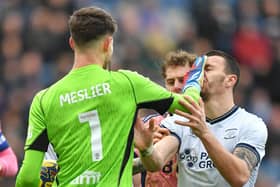 Preston North End's Milutin Osmajic clashes with Leeds United's Illan Meslier which resulted in the keeper being red carded