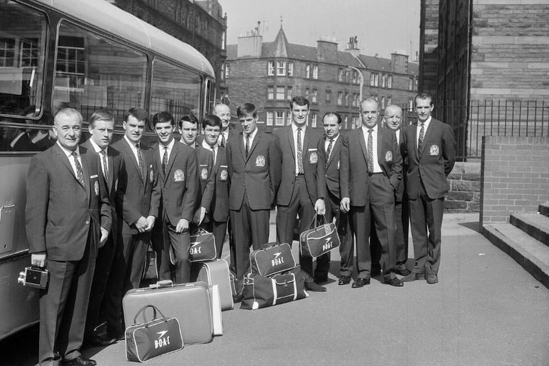 The Hibs players and staff prepare to board a bus to Glasgow in June 1965 ahead of the club's pre-season tour of America and Canada