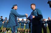 Tom Hartley of England is presented with his international cap by Andrew (Freddie) Flintoff during the 2nd Metro Bank ODI match between England and Ireland at Trent Bridge on September 23, 2023 in Nottingham, England. (Photo by Nathan Stirk/Getty Images)