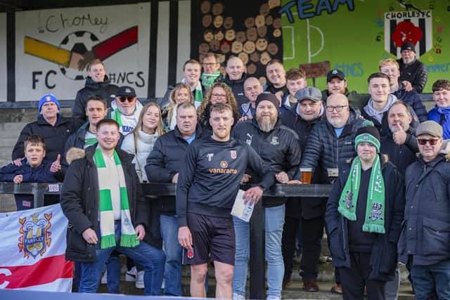 Jack Sampson, centre, is pictured with the fans of Chorley and Farsley Celtic on Saturday (photo: David Airey/dia_Images)