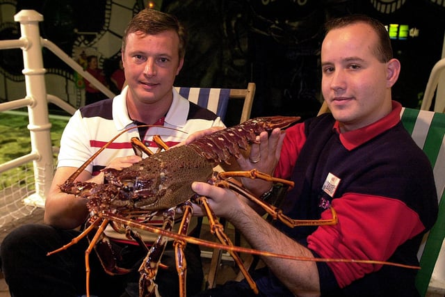 Nelson the crawfish, which was caught by Russell Smith (left) from the Trafalgar restaurant in Fleetwood, but was spared from the dinner plates due to his exceptional size and was handed over to Mike Baker at the Sea Life Centre