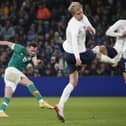 Alan Browne, left, scores his side's goal during the international friendly soccer match between Ireland and Norway at the Aviva Stadium