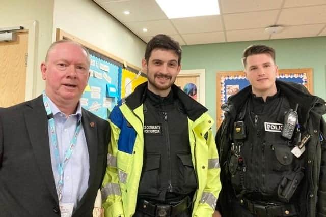 Lancashire County Coun. Jeff Couperthwaite and community police officers PC Charlie Bamber and PCSO Benjamin Rowland.