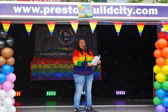 Chairwoman of Preston Pride Debs Bradshaw on stage