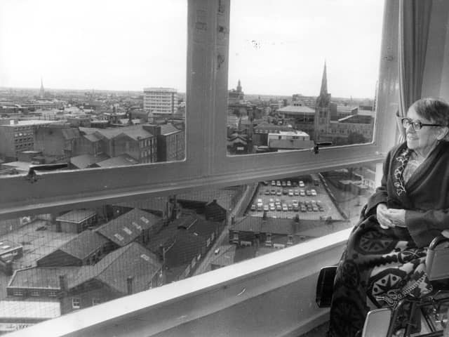 Mrs Polly Fallon may have been wheelchair-bound and living on the 13th floor of a showpiece block of flats at Sandown Court in Avenham, Preston - but she was a happy soul - savouring her spectacular view across Preston