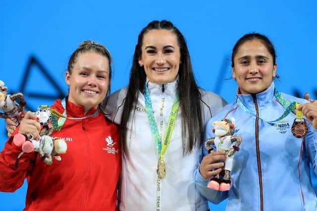 Sarah (centre) with her gold medal alongside Alexis Ashworth (left), who won silver, and India Harjinder, who won bronze