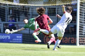 Nick Haughton fires in Fylde's second of the game (photo: Steve Mclellan/AFC Fylde)