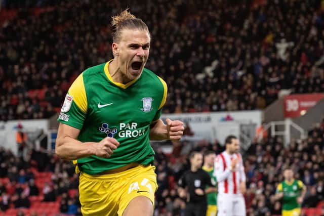 Preston North End's Brad Potts celebrates scoring his side's first goal against Stoke City.