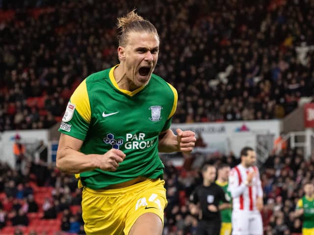 Preston North End's Brad Potts celebrates scoring his side's first goal against Stoke City.