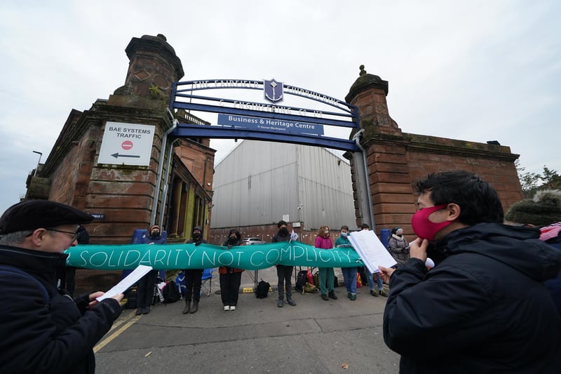 Protesters form a blockade outside weapons manufacturer BAE Systems in Govan, Glasgow.