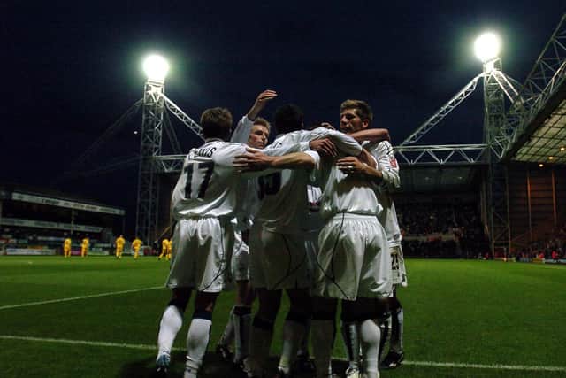 Preston North End celebrate their opening goal against Brighton in April 2005