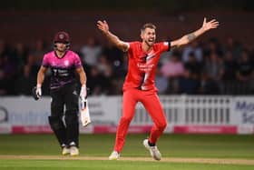 TAUNTON, ENGLAND - AUGUST 26: Tom Bailey of Lancashire Lightning appeals unsuccessfully for the LBW of Will Smeed of Somerset  during the Vitality T20 Blast Quarter Final match between Somerset CCC and Lancashire Lightning at The Cooper Associates County Ground on August 26, 2021 in Taunton, England. (Photo by Harry Trump/Getty Images)