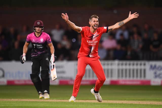 TAUNTON, ENGLAND - AUGUST 26: Tom Bailey of Lancashire Lightning appeals unsuccessfully for the LBW of Will Smeed of Somerset  during the Vitality T20 Blast Quarter Final match between Somerset CCC and Lancashire Lightning at The Cooper Associates County Ground on August 26, 2021 in Taunton, England. (Photo by Harry Trump/Getty Images)