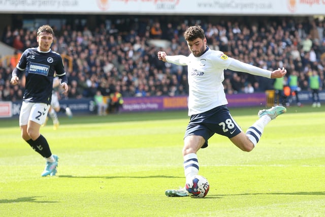 Preston North End's Thomas Cannon with a shot in the first half against Millwall