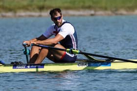MUNICH, GERMANY - AUGUST 13: Graeme Thomas of Great Britain compete in the M1x-race during the Rowing competition on day 3 of the European Championships Munich 2022 at Munich Olympic Regatta Centre on August 13, 2022 in Munich, Germany. (Photo by Srdjan Stevanovic/Getty Images for British Rowing)