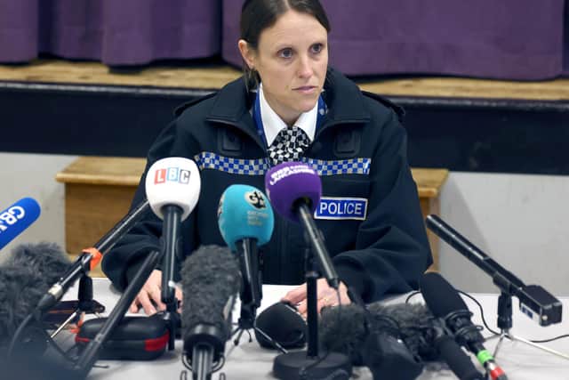 Lancashire Police Superintendent Sally Riley speaks to the media at St Michael's on Wyre Village Hall (Credit: Peter Byrne/ PA)