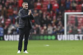 Preston North End manager Ryan Lowe claps the fans at the end of the match at Middlesbrough