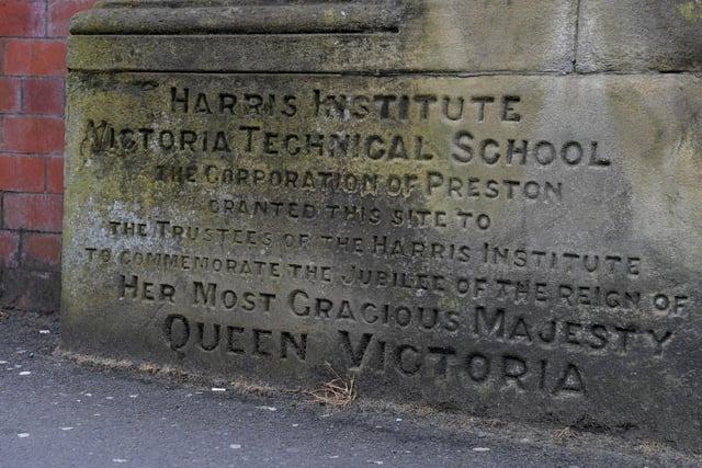 Harris Institute: A foundation stone found at the Harris Institute in Avenham, Preston. The stone was laid to commemorate the jubilee of Queen Victoria, and adds to the importance of this Grade II* listed building
