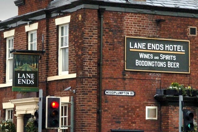 In this image you can just about make out the sign for the Lane Ends pub at Lane Ends in Ashton. This name seems quite self explanatory with the pub being situated on a busy crossroad in the city. Though the pub could just as easily have ended being called The Crossroads as pub names were often chosen to depict notable in the surrounding area