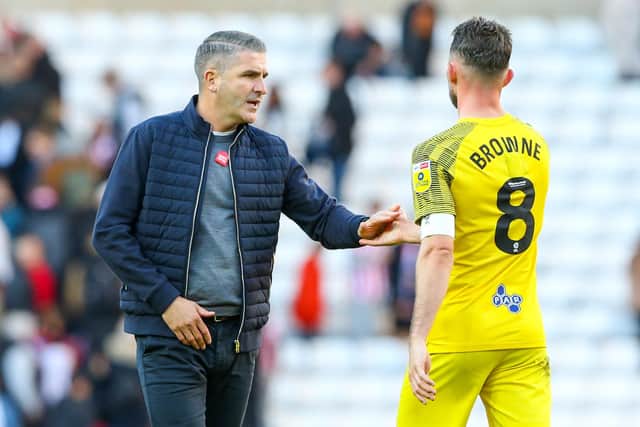 Preston North End manager Ryan Lowe gives Alan Browne a high five after the match at Sunderland.