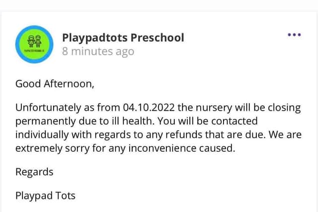 A screenshot of the announcement made to parents