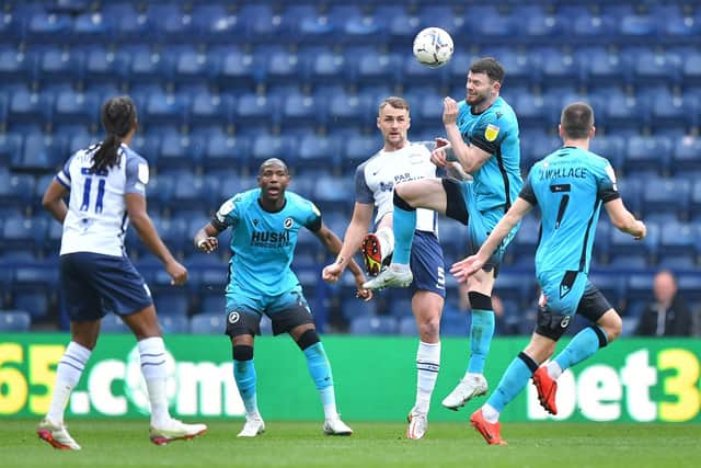 Preston North End's Patrick Bauer battles for the ball in the 1-1 draw against Millwall