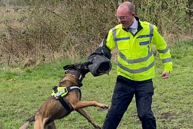 Lancashire's Police and Crime Commissioner, Andrew Snowden, gets some first-hand experience of police dog training at Hutton